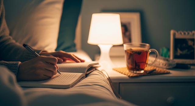 Evening gratitude journaling before bed for stress reduction